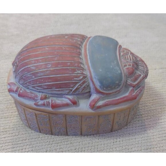 Handcrafted Egyptian-Style Scarab Trinket Box Hieroglyphic  Blue-Red Finish - Picture 3 of 12